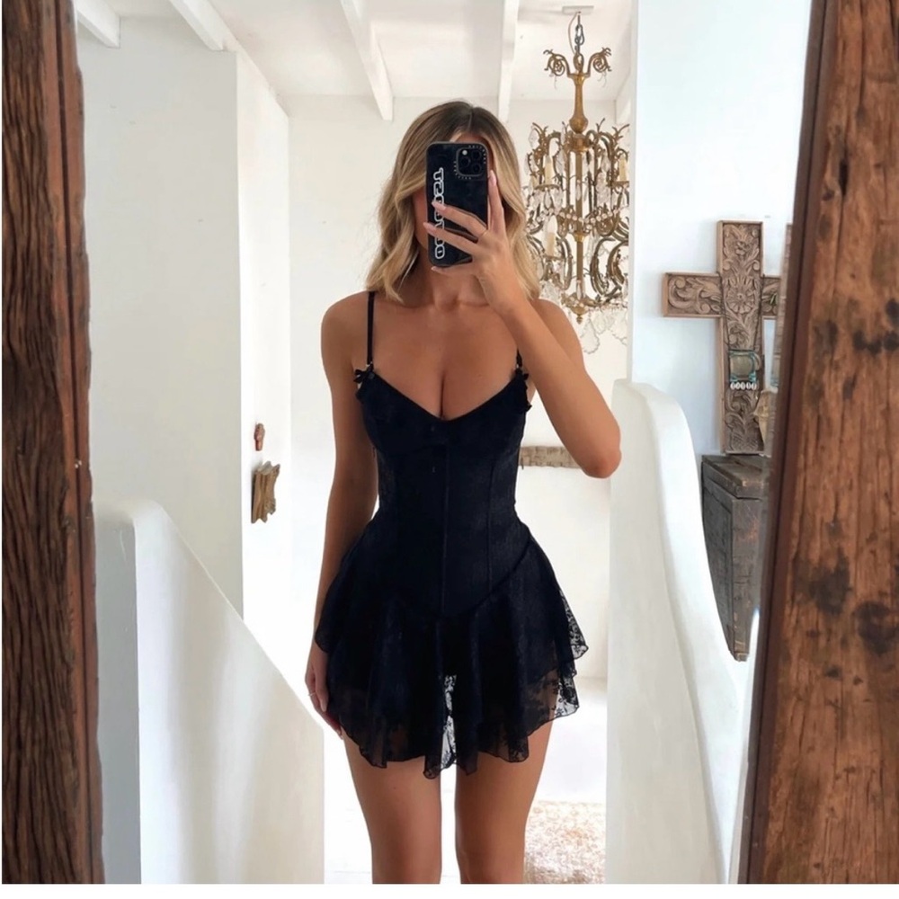 Black Lace Corset Mini Dress - Women's